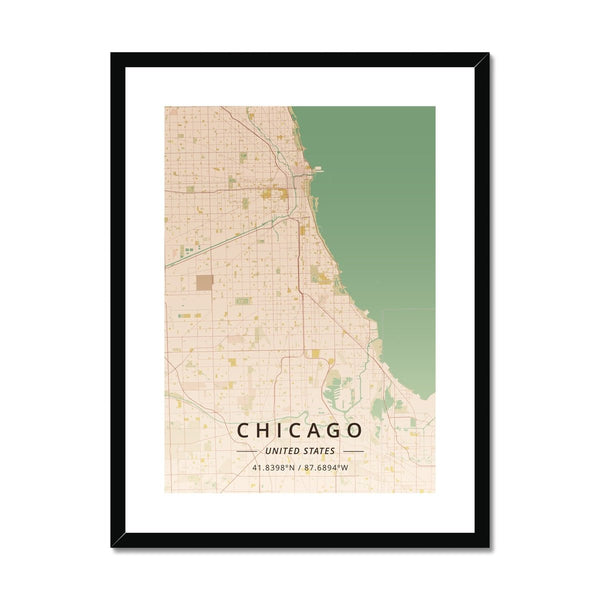 Vintage - Chicago / Black Frame- Map Matte Print by doingly
