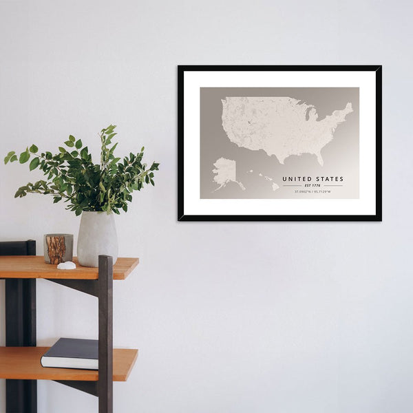 Monochrome - United States 1 - Map Matte Print by doingly